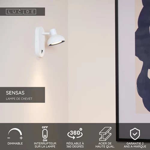 Lucide SENSAS - Lampe de chevet / Applique mural - 1xGU10 (ES111) - Blanc - USP